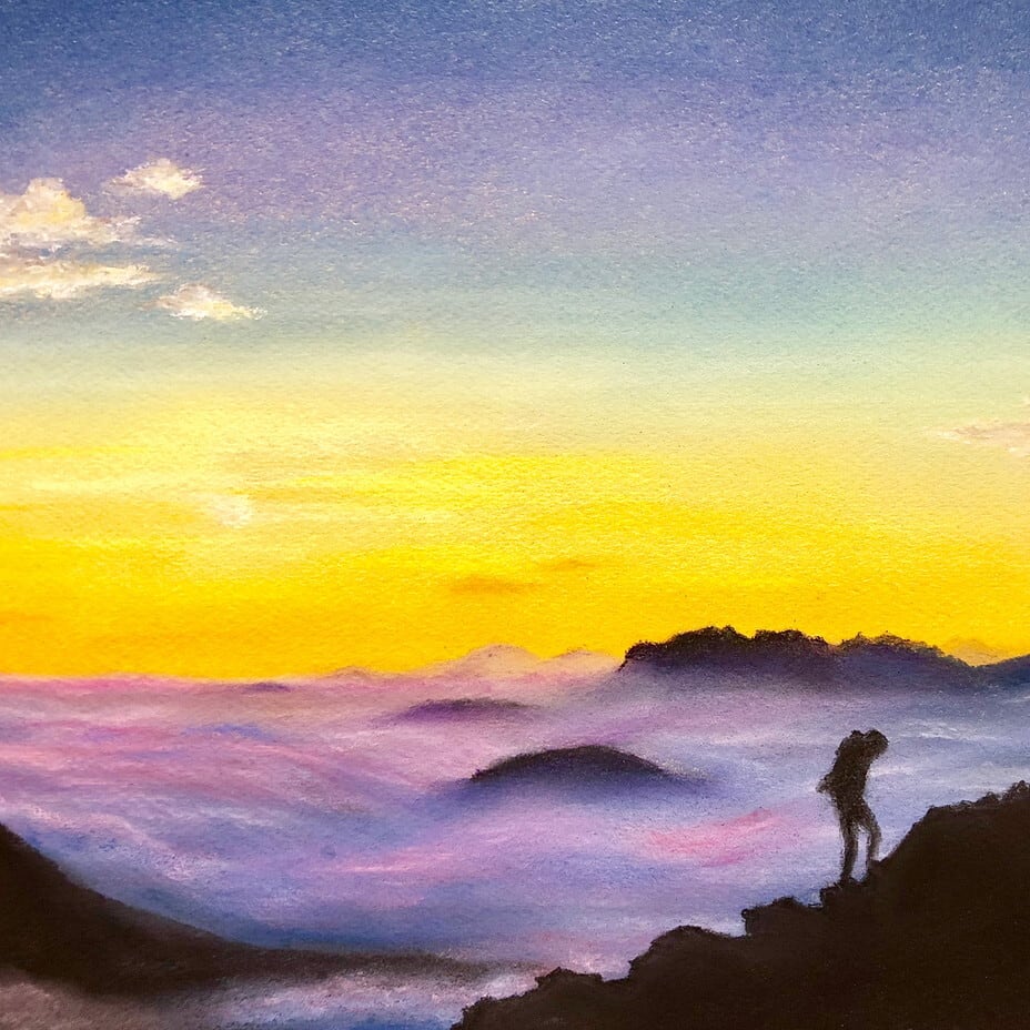 作品 : 山頂からの朝日 絵 絵画 景色 風景 風景画 秋 秋空 縁起絵