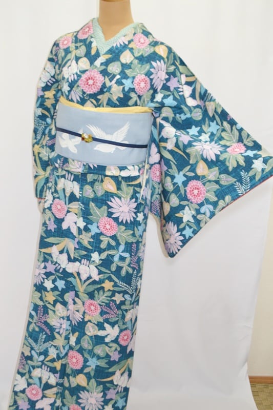 小紋 ボタニカル ろうけつ染め ブルー グリーン ゆったり 美品