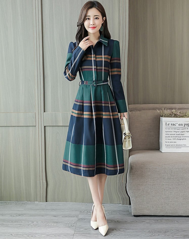 シックな長袖ひざ丈ワンピース♪ チェック柄 かっちり 普段使い