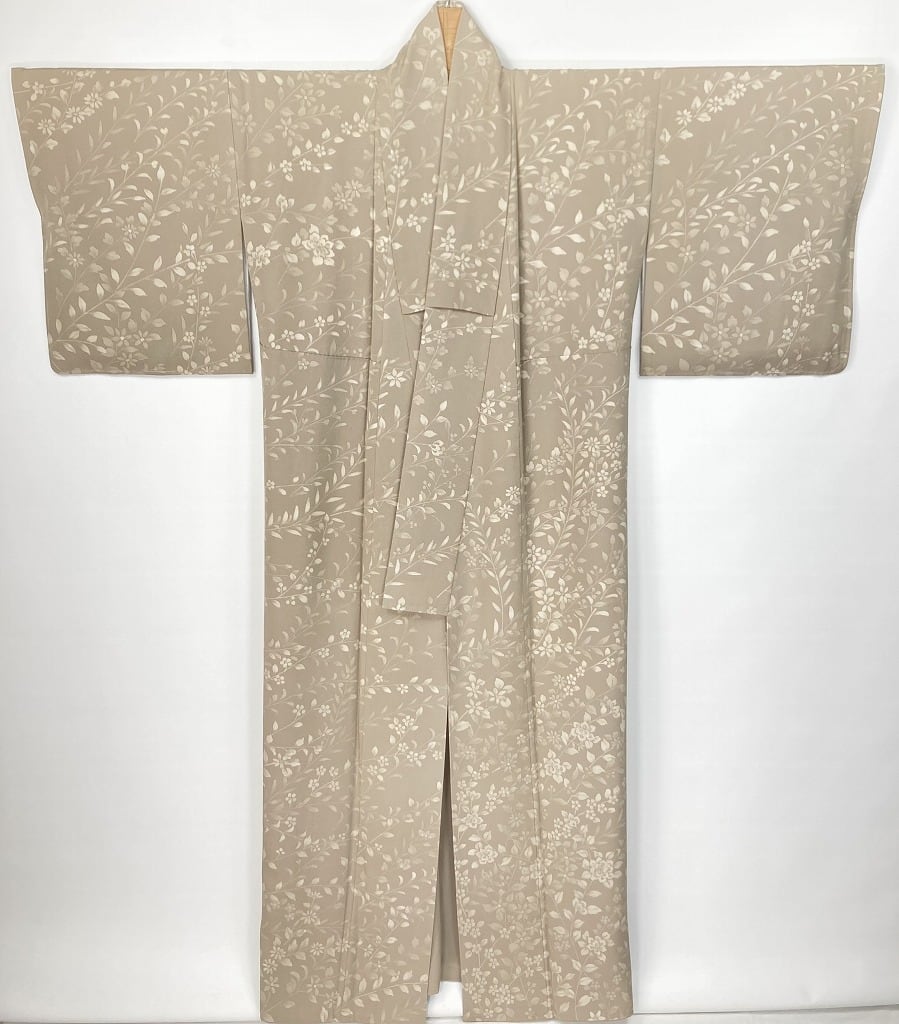 手描き友禅 一方付け 小紋 付下げ 唐花 花柄 正絹 ベージュ 1133