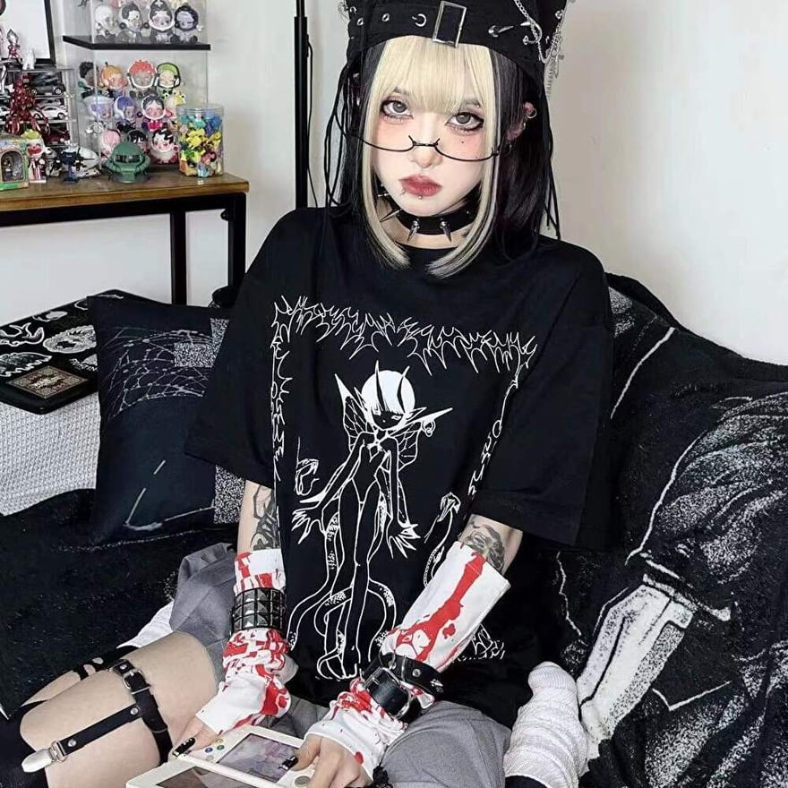 Tシャツ 悪魔 Devil プリント ユニセックス 闇かわいい パンク Z世代