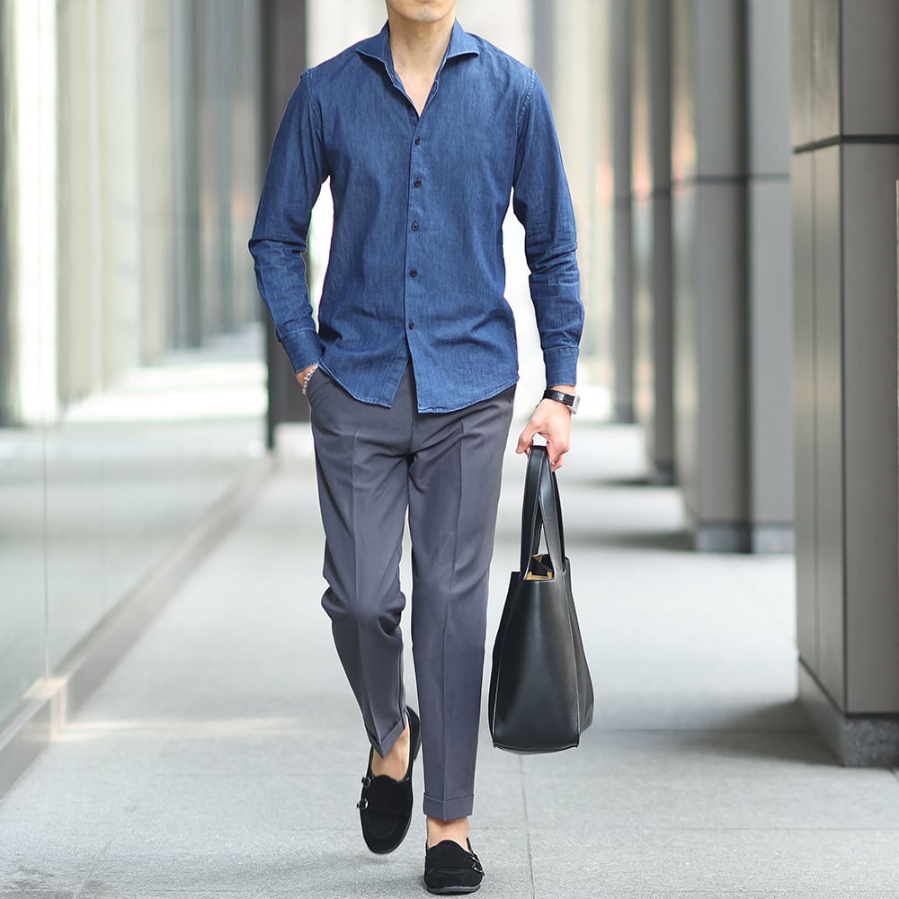 一部即納】BV_＜本格イタリアン＞ホリゾンタルカラーデニムシャツ 2色