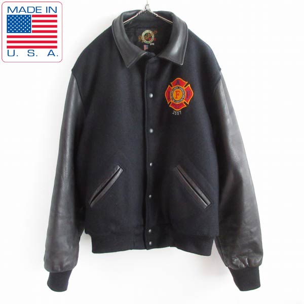 美品 80s-90s USA製 Dehen ウール×袖レザー スタジャン Lサイズ 黒