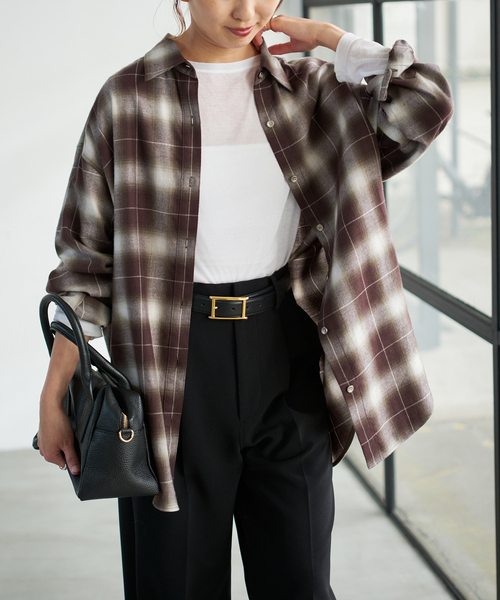 メタルボタンオンブレーチェックルーズシャツ（シャツ/ブラウス