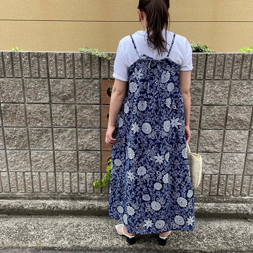 浴衣リメイクキャミソールワンピース/マキシ丈/紺地・花柄 ワンピース