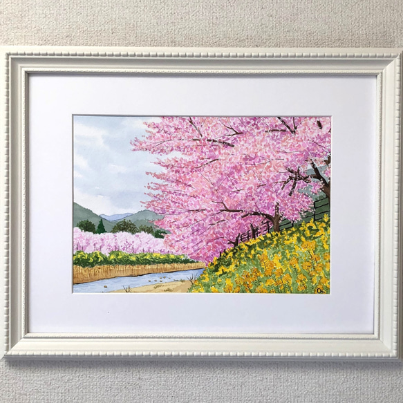 河津桜」透明水彩画 原画 風景画 額縁付 A4サイズ 絵画 Oni 通販