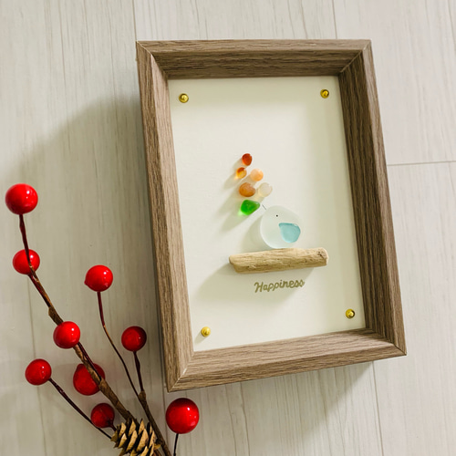 シーグラス アートパネル 天然石 小鳥のインテリア 飾り 観葉植物