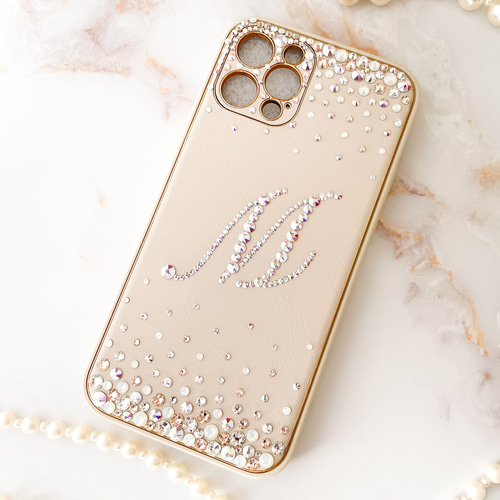 iPhone 16pro,15,14他 ライトベージュイニシャル ケース オーロラmix