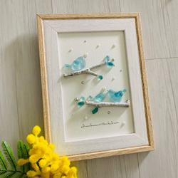 原画 一点物 シーグラスアート 海の宝石 猫ちゃん 小鳥北欧 ガラス細工