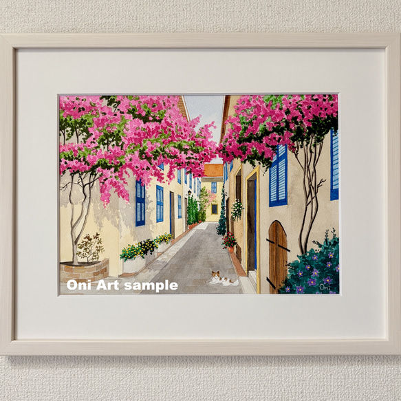 花の咲く路地05」透明水彩画 原画 風景画 額縁付 F4サイズ 絵画 Oni