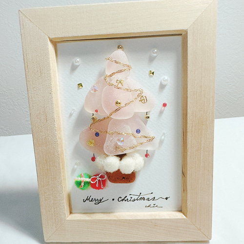 シーグラスアート ピンクのクリスマスツリー インテリア雑貨