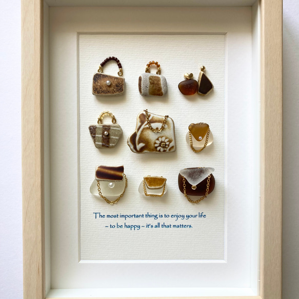 シーガラス/シーグラスアート/茶色の花のシー陶器のバッグ/置物 壁飾り