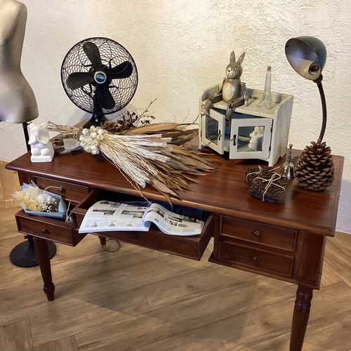 英国アンティーク調 マホガニー無垢 デスク テーブル 書斎机 作業机