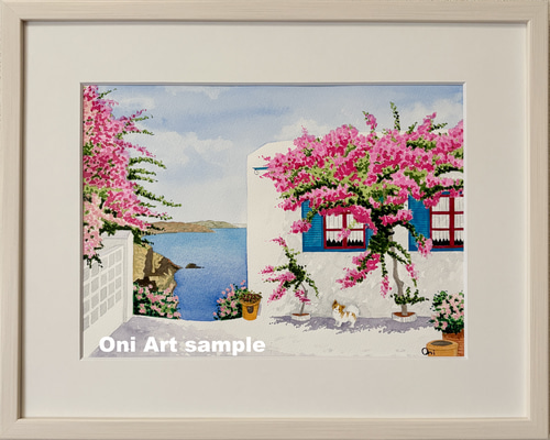 エーゲ海とブーゲンビリア01」透明水彩画 原画 風景画 額縁付 F4サイズ