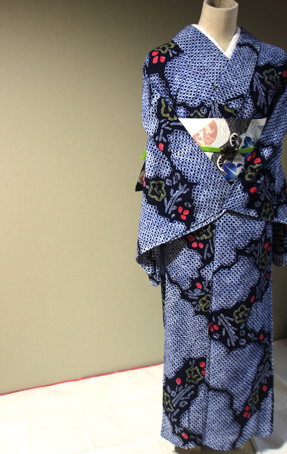 ◇現代 有松鳴海絞 浴衣◇【濃紺桃黄】天の川のような氷割れ模様に桔梗