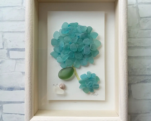 シーグラスアート（紫陽花/梅雨/ボックスフレーム付） その他アート