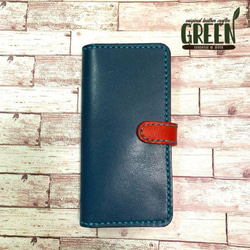 サイドポケット付き 栃木レザー ネイビー×レッド iPhoneケース