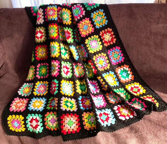 ハンドメイド かぎ針編み グラニースクエア ブランケット ひざ掛け