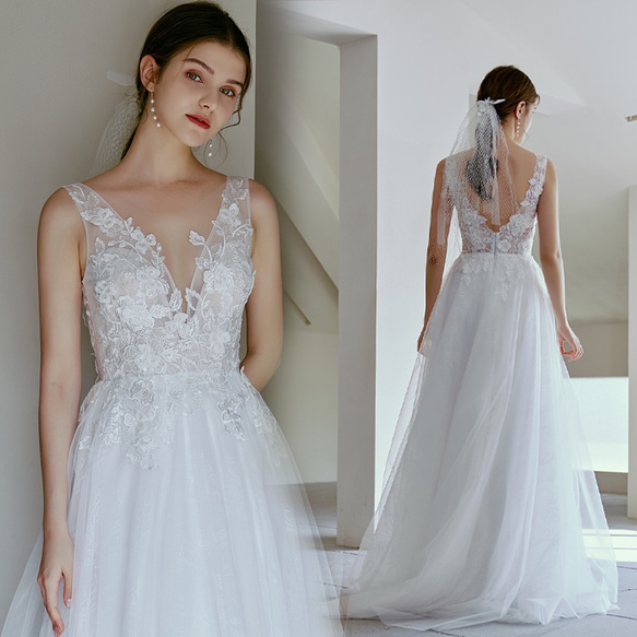 Vネック ノースリーブ エンパイア 刺繍レース ウエディングドレス