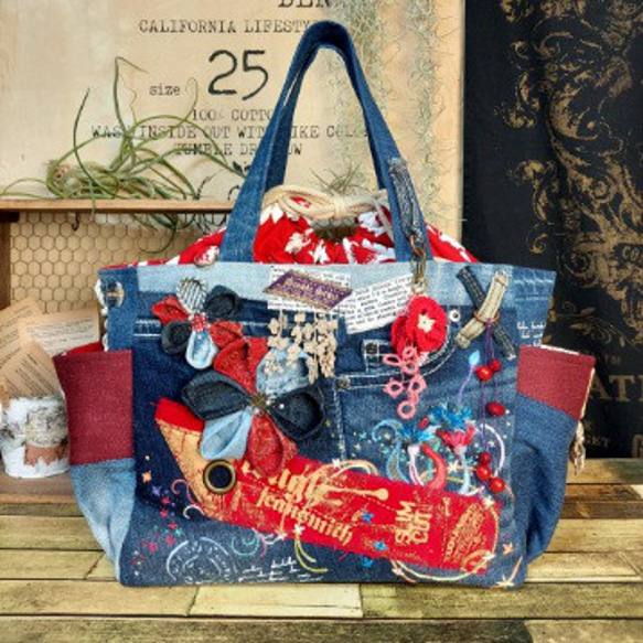 蘭太郎】刺繍デニムバック No.666 デニムリメイク 刺繍バック 蘭太郎様