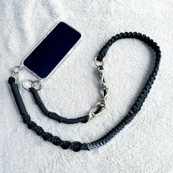 パラコードスマホストラップ✳︎110cm✳︎黒＋ベージュ 携帯ストラップ