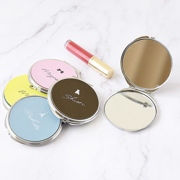 折りたたみ コンパクトミラー 本革 名入れ 拡大鏡付き スタンドミラー