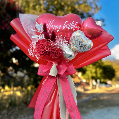 赤いハートのフラワーバルーンブーケ｜卒業祝い｜発表会｜誕生日