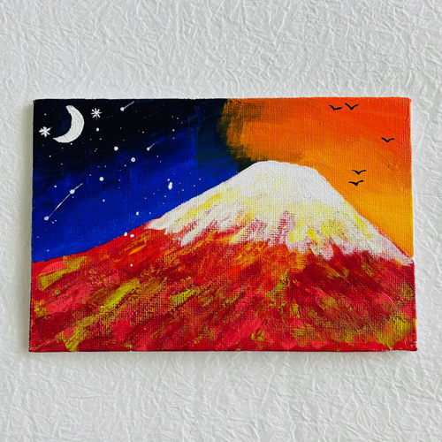 ハガキサイズ】赤富士 富士山 キャンバスアート カラフル アクリル