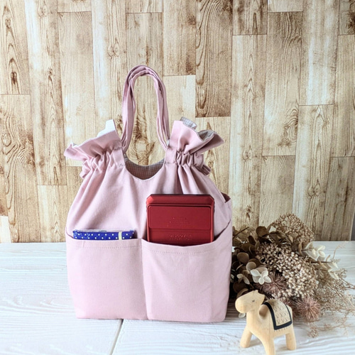 2Way巾着バッグ(L) フリル巾着ポーチ くすみピンク 巾着バッグ h