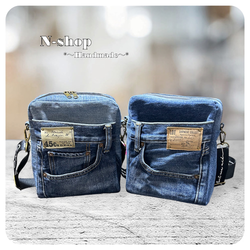 デニムリメイク♪ファスナー*スクエアショルダーバッグ❥ハンドメイド