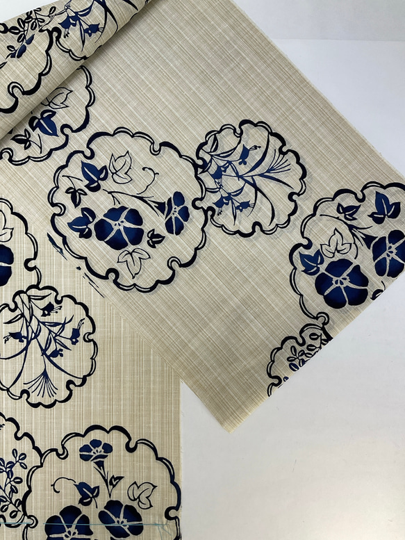 浴衣 反物 注染 新粋染 本染め 茶紬生地 雪輪 朝顔 萩 露草未仕立て