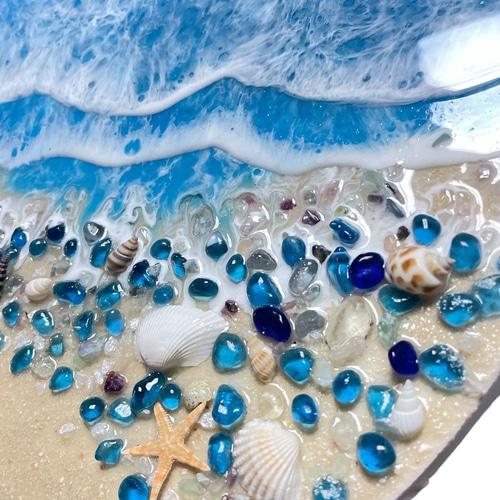 海アート「ガラス石と貝と青の海岸」レジンアート オーシャンアート