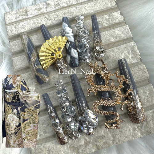 グレードラゴン扇子成人式振袖ネイルチップ ネイルチップ（つけ爪