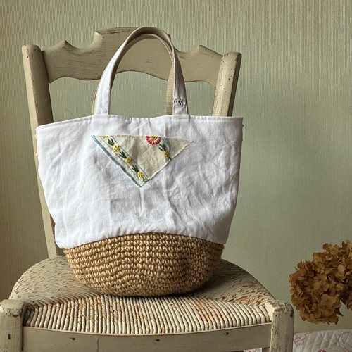 フランスアンティーク*ヴィンテージ*花かご刺繍*手刺繍*かごバッグ