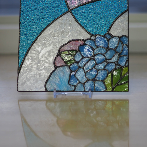 紫陽花のミニパネル あじさい、ステンドグラスパネル サンキャッチャー