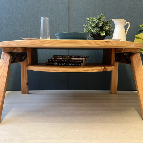 送料無料】 ローテーブル 半円 収納付き90cm 60cm 杉 折り畳み脚