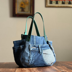 まんまるトートバッグМサイズ デニムリメイク×アニマル柄【スマホの
