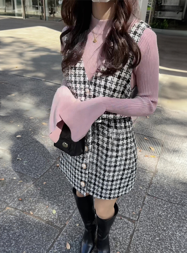 ベルト付きチェック柄ツイードジャンパースカート[al199] | レディース