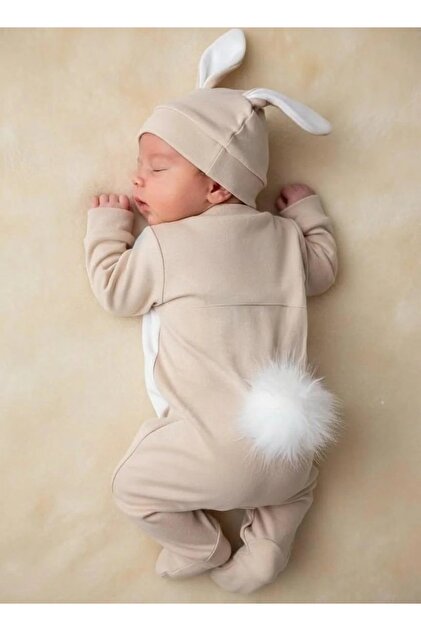 BEBERAZZİ Bej Tavşan Temalı Ponponlu Üçlü Set Tulum Yenidoğan