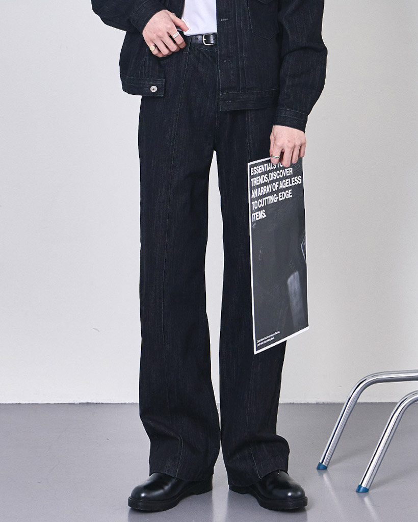 ORIGINAL) ピンタックストレートデニムパンツ (deep black