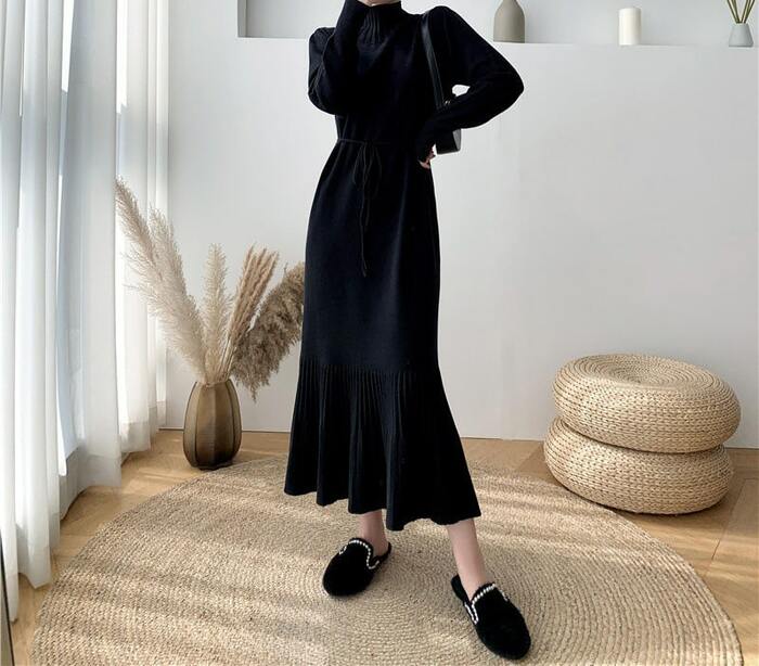 骨格ウェーブプチネックウエストリボンプリーツニットワンピース