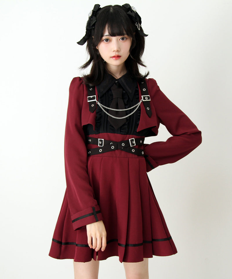 ジャケット風チェーンネクタイベルトプリーツワンピース – レディース