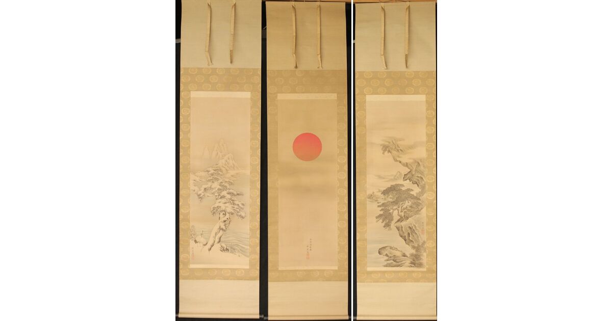 河内雅渓【鶴亀日出】三幅対掛軸 Z396｜骨董店 のびる 古美術 骨董