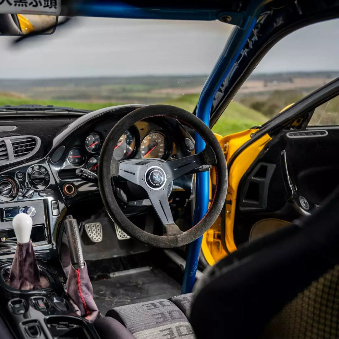 Nardi Deep Corn Steering Wheel - Black Suede Red Stitching Black Spoke