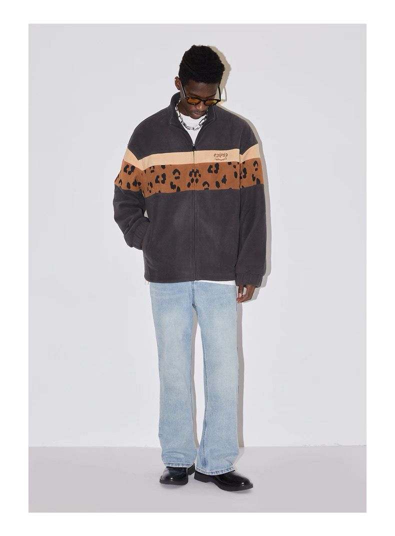 モード系ファッション【XS〜XL対応】レオパード切り替えフリース