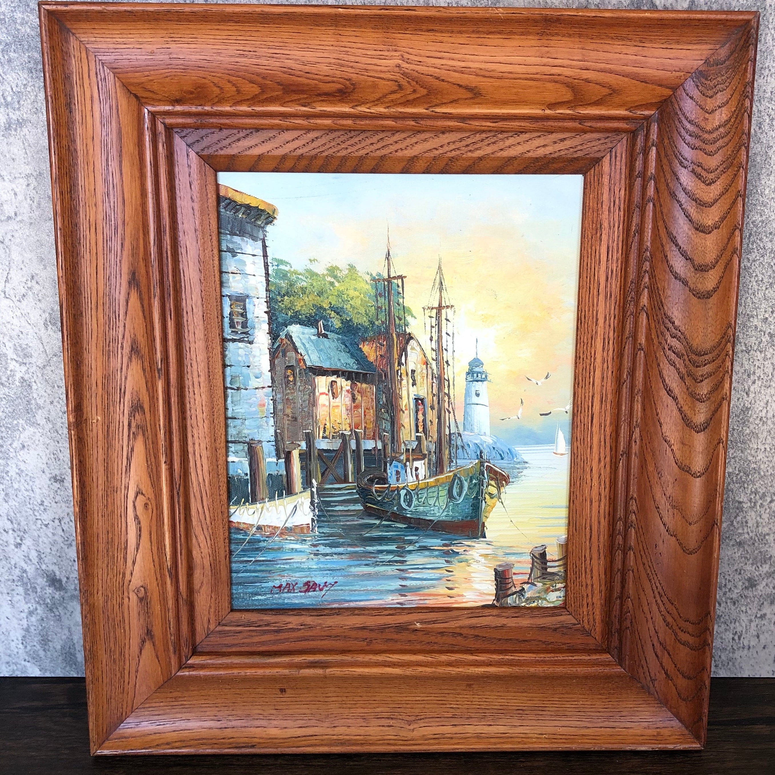 Vintage Max Savy Oil Painting: Harbour Scene With Lighthouse in