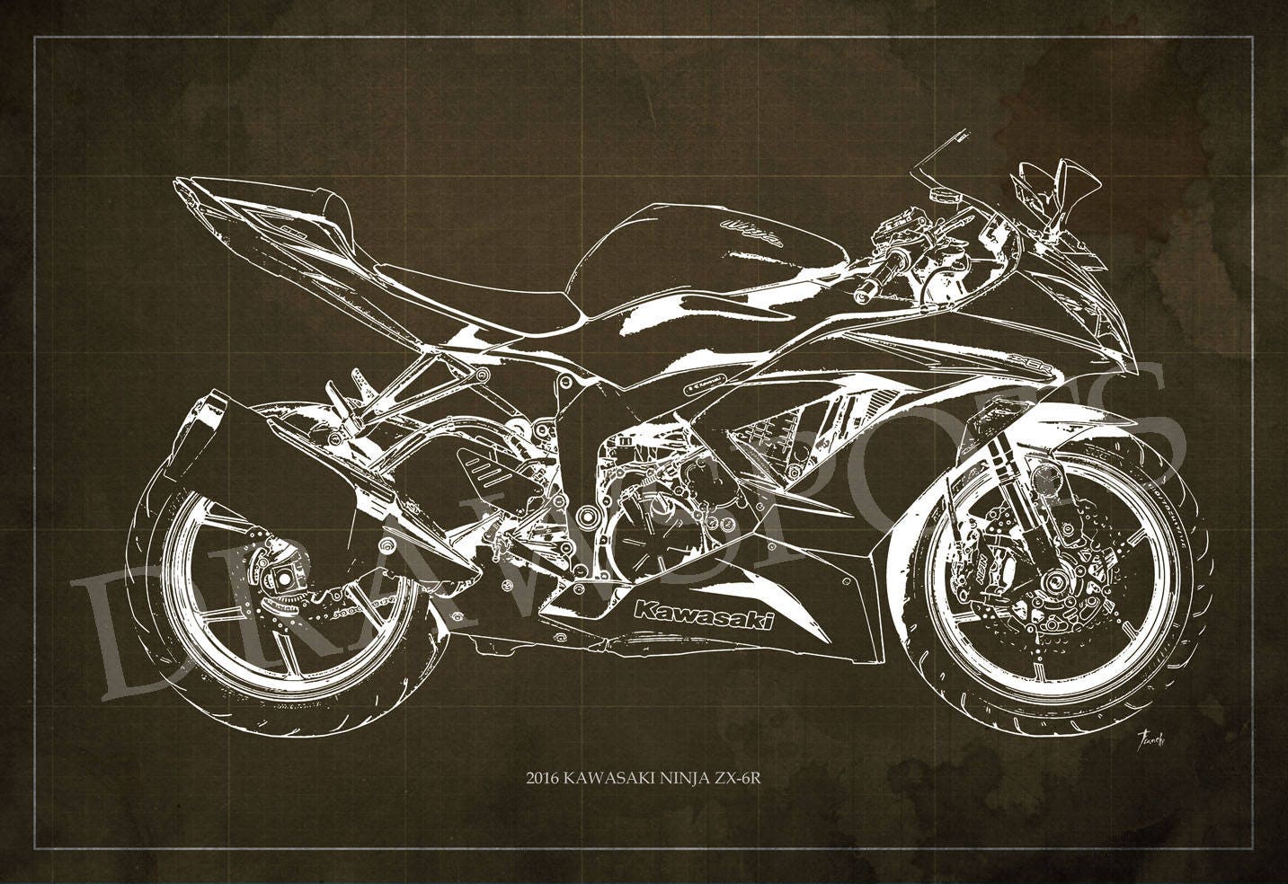 2016 Kawasaki Ninja ZX-6R Blueprint, Art Print 8x12in to 60x41in