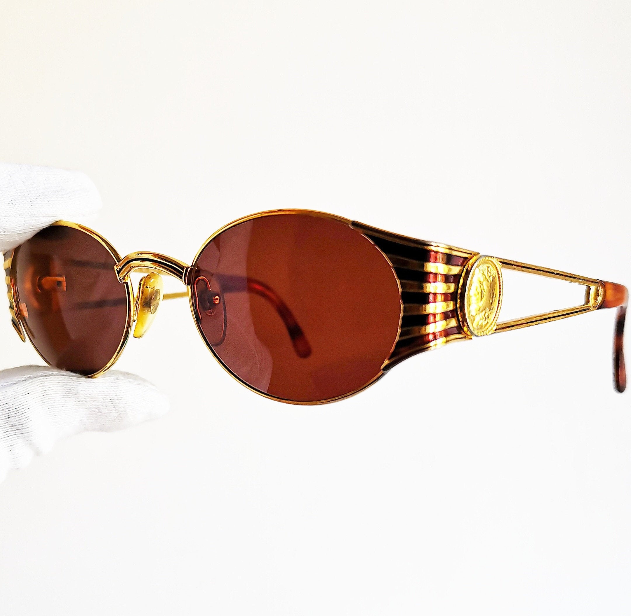 FENDI Vintage Sunglasses Oval Gold FS300 Offset Safety Pin Temples