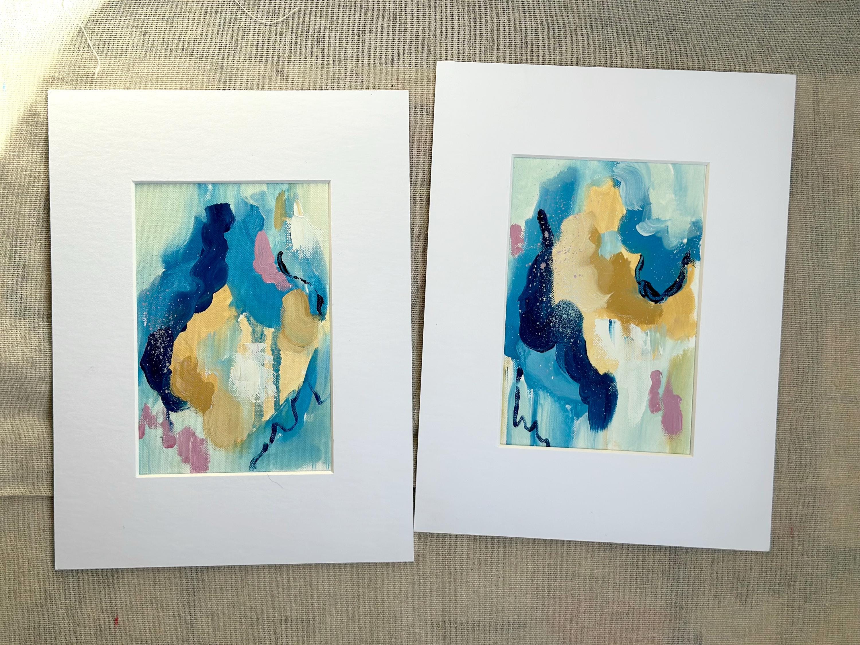 ミニ抽象油絵二連画：青と黄色のモダンアートセット - Etsy 日本