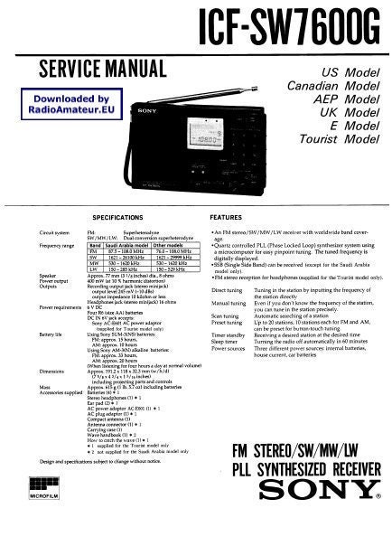 SONY ICF-SW7600G レシーバー サービスマニュアル: 回路図と部品リスト